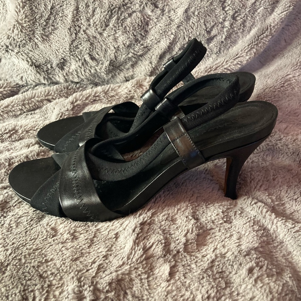 Donald J Pliner Black Leather & Stretch Dress Sandals Heels Narrow Size 8 N